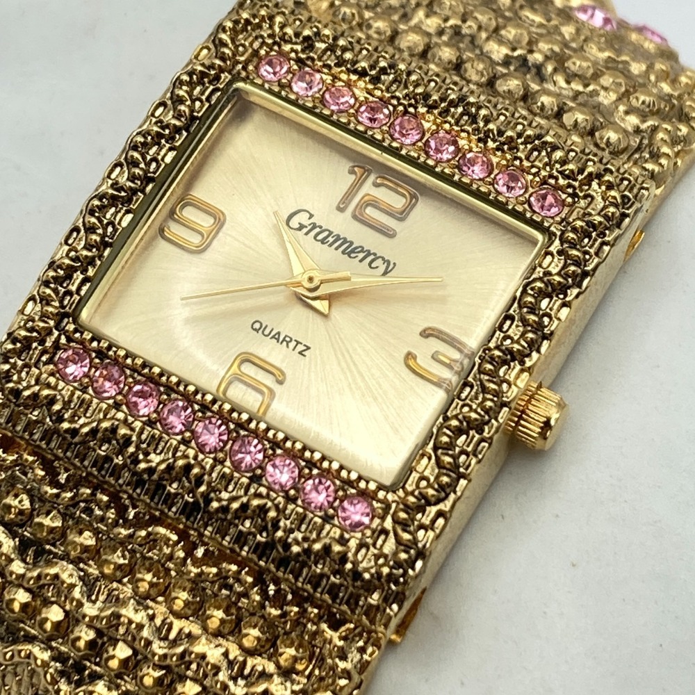 Gramercy Women's Watch Gold Tone Pink Crystals Textured Cuff New Battery 6.5"